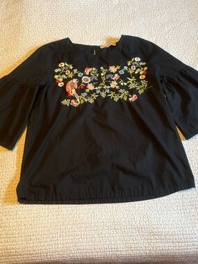 Loft Embroidered Floral and Parrot Design Blouse with Bell Sleeves